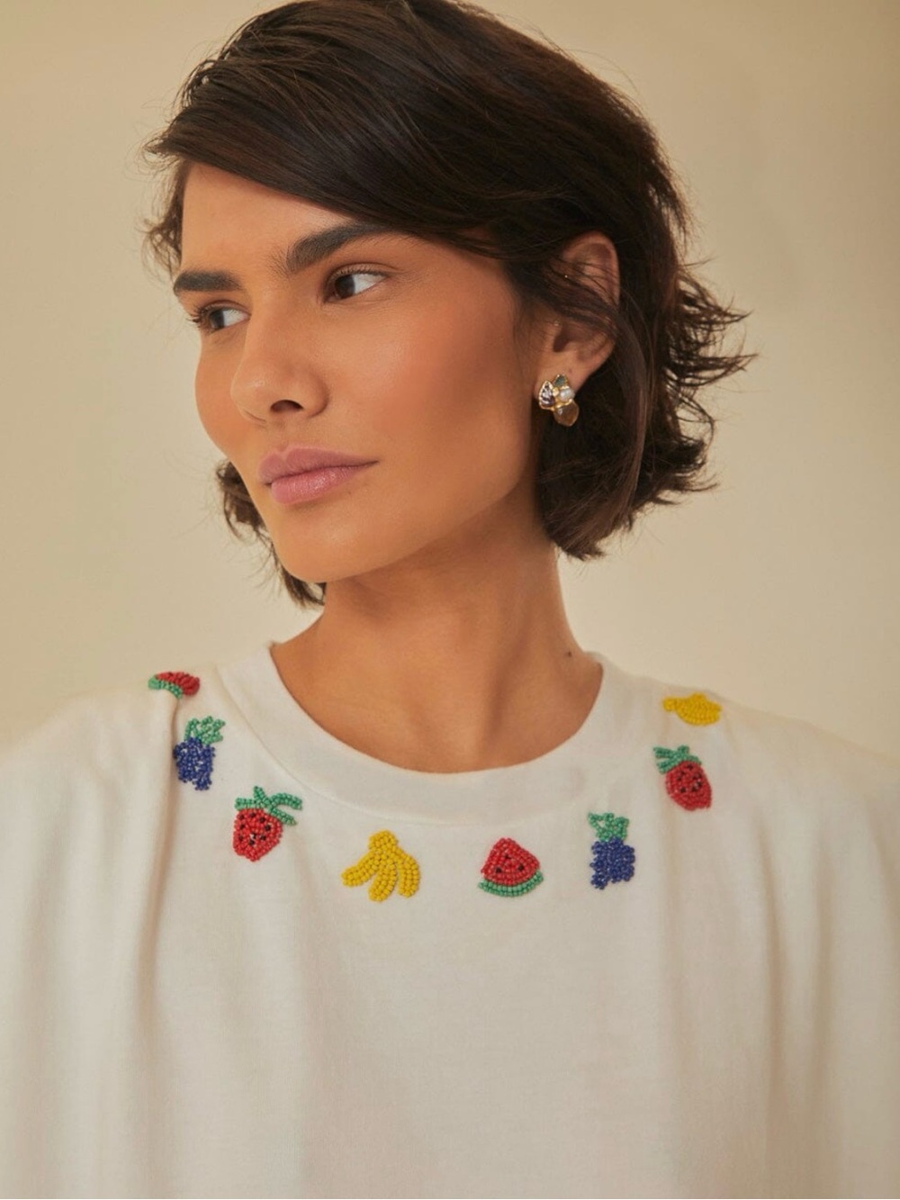 FARM Rio White Beaded Fruit Sleeveless Top